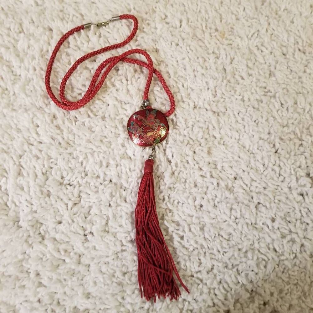 Vintage Cloisoinne Red Butterfly Pendant Tassle Necklace